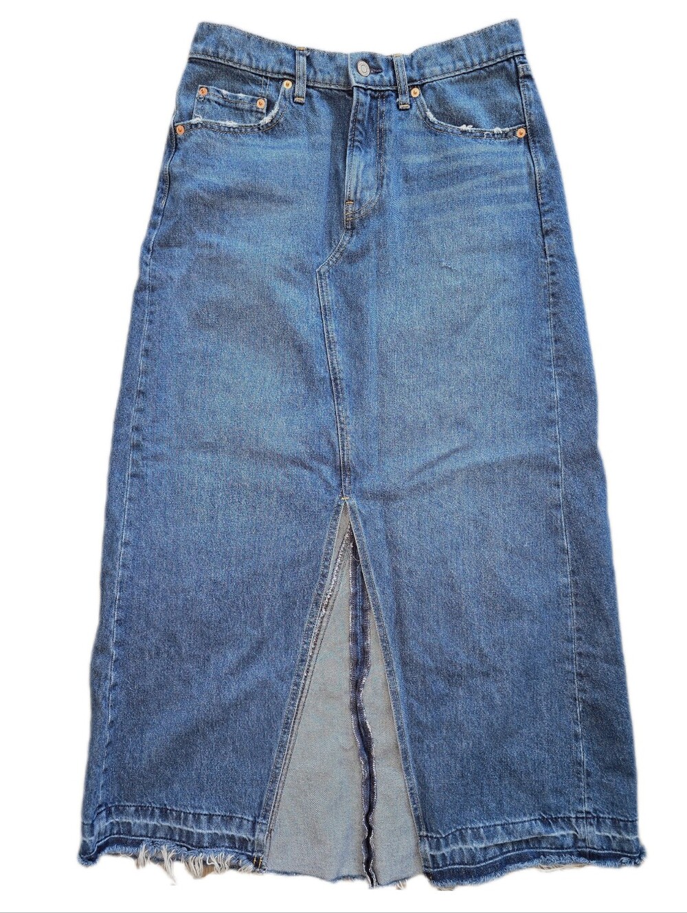 Gap Vintage Distressed Denim Maxi Skirt with Front Slit